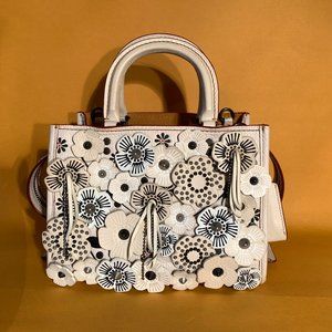 Rare and Exceptional Coach White and Black Rogue Bag with Tea Rose Applique